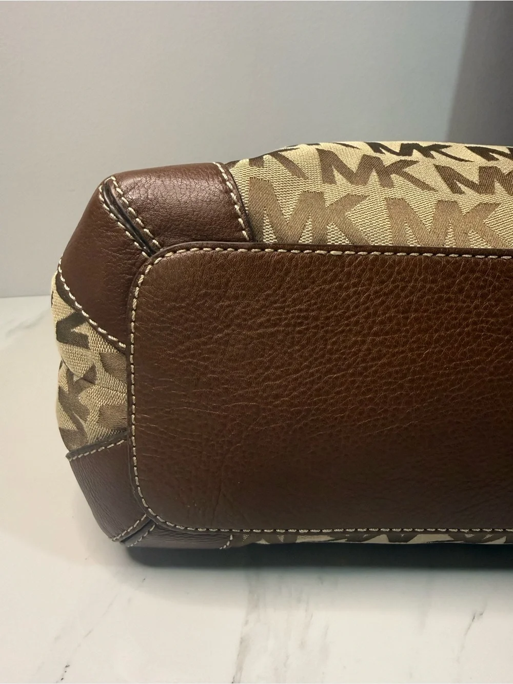 Michael Kors Tan Beige MK Signature Tote with Brown Trim
